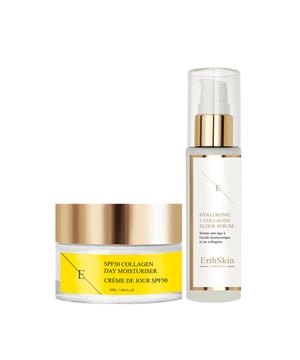 SPF50 COLLAGEN TAGESCREME 50ML- SPF50 Schutz vor der Sonne - Mit feuchtigkeitsbindendem Hydrolysat-Kollagen - Leichte, cremige Formel - Luxuriöser Vanilleduft - Weiche und gepflegt aussehende Haut - Angereichert mit Aloe Vera Saft, Süßmandelöl und Avocadoöl. Collagen-Boost-Tagescreme mit SPF50 für den täglichen Gebrauch. Diese leichtgewichtige Feuchtigkeitscreme schützt vor der Sonne und ist mit erstaunlichen Inhaltsstoffen wie Aloe Vera und Avocadoöl angereichert. + HYALURONSÄURE UND KOLLAGEN-SERUM 60ml Dieses Anti-Aging-Serum enthält eine bahnbrechende Formel aus feuchtigkeitsspendender Hyaluronsäure und hydrolysiertem Kollagen. Das Serum glättet Trockenheitsfältchen und sorgt für einen jugendlich prallen und genährten Teint. Hyaluronsäure ist ein natürlicher Bestandteil unserer Haut. Mit zunehmendem Alter verlangsamt sich die körpereigene Produktion von Hyaluronsäure. Hyaluronsäure ist ein Schlüsselelement, das der Haut ein pralles und jugendliches Aussehen verleiht, da sie das 1000-fache ihres Eigengewichts an Feuchtigkeit speichert. Unsere Hyaluronsäure heißt Natriumhyaluronat und ist eine kleinere Hyaluronsäure, die in tiefere Hautschichten eindringen und sie mit Feuchtigkeit versorgen kann als normale Hyaluronsäure. Kollagen ist ein natürlicher Bestandteil unserer Haut, und mit zunehmendem Alter verlangsamt sich die Produktion von Kollagen. Als Hautpflegebestandteil zielt Kollagen darauf ab, der Haut mehr Fülle und ein pralleres Aussehen zu verleihen, indem es die Haut mit Feuchtigkeit und Feuchtigkeit versorgt. Provitamin B5 hat die Aufgabe, die Feuchtigkeit zu bewahren und zu erhalten. Provitamin B5 schützt die Hautbarriere und hilft der Haut, ihren Feuchtigkeitsgehalt zu bewahren und sie vor Reizungen zu schützen. Wenn Sie ein Produkt mit Provitamin B5 auftragen, maximieren Sie den Feuchtigkeitsgehalt Ihrer Haut und verbessern gleichzeitig ihre Geschmeidigkeit und Elastizität. Vitamin E ist eines der bekanntesten Antioxidantien und soll die Haut vor Schäden durch freie Radikale schützen.