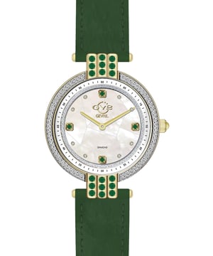Meet Matera – the hidden gem of Italy. The Matera Collection artfully combines design, craftsmanship and luxury in an elegantly refined timepiece. With 18 semi-precious stones adorning each case, this collection is fit for a queen.
More than watch, Matera is jewelry the way it’s meant to be. The mother of pearl mosaic dial, cloaked by a diamond cut bezel, is adorned with diamonds and delicate stones in rich colors. The soft, Italian handmade suede strap offset by nine brilliant, matching gems on lugs creates a perfect homage to classically elevated Italian style.
GV2’s graceful charmer is built to last with Gevril’s standard Swiss quartz movement. With feminine touches that make this stunner easy to desire, Matera is the hidden gem meant to be discovered. GV2 12803 Women's Matera Gemstone Diamond Watch

GV2 Women's Swiss Quartz Gemstone Watch from the Matera Collection
36mm round IPYG Case, Diamond Cut Bezel with 18 Green Diopside Gemstones on Lugs.
Puzzle White MOP with 8 Single Cut Diamonds on dial, 4 Green Diopside Gemstones
Push Pull Fluted Crown with Blue Cabochon Stone
Genuine Handmade Green Italian Suede Strap with Tang Buckle
Anti-reflective Sapphire Crystal
Water Resistant to 50 Meters/5ATM
Swiss Quartz Movement, Ronda 762