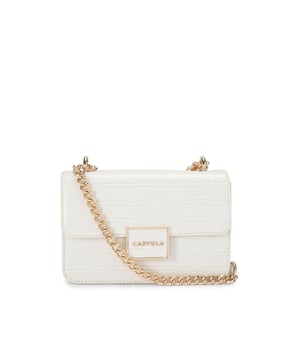 This Carvela Jessica Shoulder Bag features a bone exterior with large croc print. There is a gold branded plate on the front flap. Dimensions: 13cm (H), 19cm (L), 6cm (D). Strap length: 67cm.