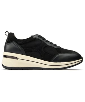 Womens black Caprice comfort wedge trainers, manufactured with leather and a rubber sole. Featuring: wedge sole, comfort insock and heel loop.