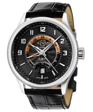 Giromondo, que en italiano significa trotamundos, es el compañero de gran potencia por excelencia de la jet-set. Diseñado para ofrecer un rendimiento superior en cualquier lugar, este reloj de cuarzo de 42 mm es la declaración más audaz del GV2 hasta el momento. El movimiento de cuarzo suizo GMT impulsa la caja de 42 mm con fondo de exhibición y correa de cuero italiano genuino. No debe confundirse con un Maserati o un Ferrari, este modelo de lujo italiano puede llevarte a cualquier parte. Giromondo de GV2: rendimiento y tecnología hechos para moverse. GV2 42300 Reloj de cuarzo suizo Giromondo para hombre Reloj de cuarzo suizo GV2 para hombre de la colección Giromondo Caja de acero inoxidable de 42 mm con esfera negra y formato de 24 horas en la esfera interior Corona push-pull, fecha a las 6 en punto Correa de cuero italiano genuino negro con hebilla antirreflectante Cristal de zafiro Resistente al agua hasta 50 metros/5 ATM Movimiento GMT de cuarzo suizo, Ronda 515