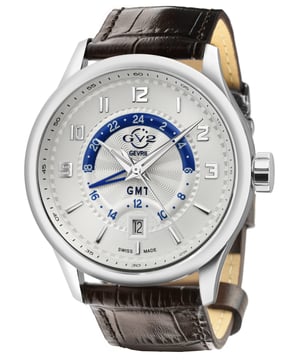 Giromondo, que en italiano significa trotamundos, es el compañero de gran potencia por excelencia de la jet-set. Diseñado para ofrecer un rendimiento superior en cualquier lugar, este reloj de cuarzo de 42 mm es la declaración más audaz del GV2 hasta el momento. El movimiento de cuarzo suizo GMT impulsa la caja de 42 mm con fondo de exhibición y correa de cuero italiano genuino. No debe confundirse con un Maserati o un Ferrari, este modelo de lujo italiano puede llevarte a cualquier parte. Giromondo de GV2: rendimiento y tecnología hechos para moverse. GV2 42301 Reloj de cuarzo suizo Giromondo para hombre Reloj de cuarzo suizo GV2 para hombre de la colección Giromondo Caja de acero inoxidable de 42 mm con esfera blanca y formato de 24 horas en la esfera interior Corona push-pull, fecha a las 6 en punto Correa de cuero italiano genuino marrón con hebilla antirreflectante Cristal de zafiro Resistente al agua hasta 50 metros/5 ATM Movimiento GMT de cuarzo suizo, Ronda 515