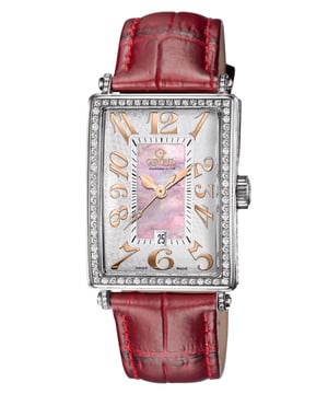 Creating a synergy of technical innovation and striking beauty, this diamond-accented women's automatic timepiece (model 6208RV) from Gevril Avenue of the Americas Glamour blends a bold watch face with feminine details. The bezel is framed at the top and bottom by gorgeous white Top Wesselton diamonds, which have been created by precise CNC machines and set onto the watch by diamond setters of unparalleled skill. The watch also offers a bevy of small artistic flourishes including a uniquely patterned guilloche dial and a highly stylized Arabic numeral display that is raised off the surface of the dial.   A silver dial frames a centerpiece of a pink mother of pearl, and it also includes a three-handed movement and date window above 6 o'clock. It's completed by an attractive pink crocodile leather strap with tonal stitching accents. Other features include scratch resistant sapphire crystal, and water resistance to 150 feet.    An automatic (or self-winding) watch is fitted with a device (rotor) that automatically winds the spring by using the force of gravity. It needs no battery, but it will stop if you have been physically inactive for an extended period of time--as long as you're moving, the watch will stay powered.Creating a synergy of technical innovation and striking beauty this diamond-accented women's automatic timepiece (model 6208RV) from Gevril Avenue of the Americas Glamour blends a bold watch face with feminine details. The bezel is framed at the top and bottom by gorgeous white Top Wesselton diamonds which have been created by precise CNC machines and set onto the watch by diamond setters of unparalleled skill. The watch also offers a bevy of small artistic flourishes including a uniquely patterned guilloche dial and a highly stylized Arabic numeral display that is raised off the surface of the dial.   A silver dial frames a centerpiece of a pink mother of pearl and it also includes a three-handed movement and date window above 6 o'clock. It's completed by an attractive pink crocodile leather strap with tonal stitching accents. Other features include scratch resistant sapphire crystal and water resistance to 150 feet.    An automatic (or self-winding) watch is fitted with a device (rotor) that automatically winds the spring by using the force of gravity. It needs no battery but it will stop if you have been physically inactive for an extended period of time--as long as you're moving the watch will stay powered.