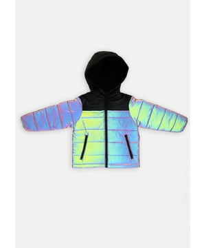 Too cool for school! Fully reflective with mesh air tech lining and chunky matt   zip. All of our puffa jackets are made with recycled polyester filling. Cool and kind!.   . about me: Shell-100% Polyester Lining- 100% Polyester | Waterproof . Look after me: think planet. machine wash at 30c.