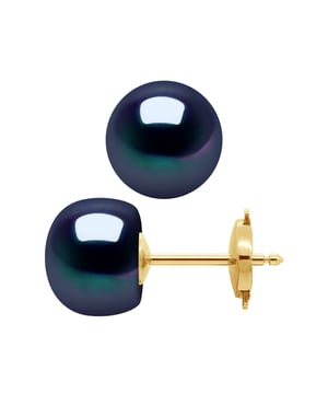 Ohrringe aus Gold 375 und echten Süßwasser-Zuchtperlen Knopf 9-10 mm -- - Schwarze Farbe Tahitian Style - Unser Schmuck wird in Frankreich hergestellt und wird in einer Geschenkbox mit einem Echtheitszertifikat und internationaler Garantie geliefert