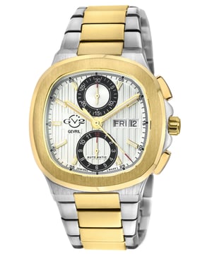 Reloj cronógrafo automático suizo GV2 Potente para hombre modelo 18503B

Reloj cronógrafo automático suizo para hombre de la colección Potente de GV2
Caja de acero inoxidable 316L de 40 mm, Esfera plateada con textura de cojín
Corona de empuje-tire, Subdiales con día y fecha a las 5
Manecillas y marcadores de horas luminosos
Brazalete de acero inoxidable bicolor SS IPYG satinado y pulido con hebilla de despliegue
Cristal de zafiro antirreflectante
Resistente al agua hasta los 50 metros/5ATM
Movimiento cronógrafo automático suizo ETA 7750