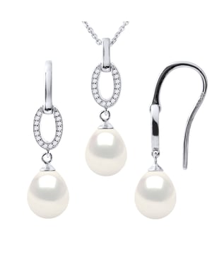 SET: Pearl Necklace Cultured Freshwater 8-9mm pear - WHITE - Ring set with zirconium oxide - Knitwear convict 925 Thousandth rhodium - Length 42 cm & Earrings Freshwater Cultured Pearl pear 8- 9 mm - WHITE - paving pattern zirconium oxides - hook system - 925 thousandth - Delivered in a case with a certificate of authenticity and an international guarantee - All our jewels are made in France.