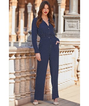 REASONS TO BUY:

The answer to every dressing dilemma
Cut in a classic button front shirt style
Cinched waist + wide-legs = ultra-flattering silhouette
Polka dots always look stylish
Add heels, a clutch and sparkly earrings for special occasions
Style with courts and a blazer for office chic

Inside leg to fit: Short 29" | Regular 31" | Long 33"