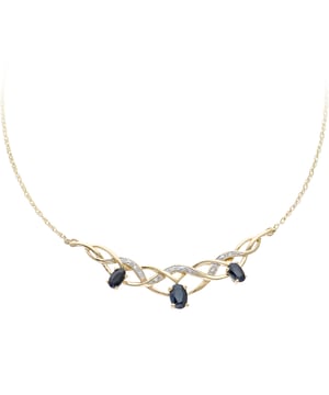 9K (375) geel goud: 2,8 gram; # Diamant: 0,025 ct; # Saffier: 1,17 ct; # Afmeting: 4,7 cm x 1,04 cm