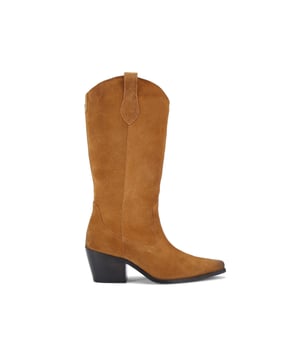 This Carvela Maven High Leg boot is a western style boot crafted from a brown suede. There is stitching details on the ankle and side as well as a cuban heel.