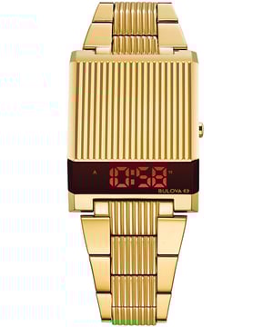 This Bulova Computron Digital Watch for Men is the perfect timepiece to wear or to gift. It's Gold  Rectangular case combined with the comfortable Gold Stainless steel watch band will ensure you enjoy this stunning timepiece without any compromise. Operated by a high quality Quartz movement and water resistant to 3 bars, your watch will keep ticking. Infusing some of Bulova’s most iconic and nostalgic timepieces with modern elements, the Archive Series continues with the digital LED Computron -The watch has a calendar function: Day-Date, Dual Time High quality 21 cm length and 22 mm width Gold Stainless steel strap with a Fold over with push button clasp Case measurement: 31x35 mm,case thickness: 13 mm, case colour: Gold and dial colour: Black