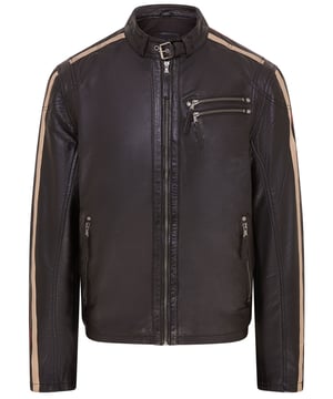 Add a bold touch to your casual wardrobe with this Cafe Racer Leather Jacket. Made from premium soft Nappa leather, it features a sleek, slim-fit biker silhouette with bold colored stripes across the shoulders and arms, inspired by classic racing style. A YKK zip fastening, a buckled tab collar, and multiple zip pockets make it both practical and stylish—perfect for any occasion.

Features:

Premium soft Nappa leather
Slim-fit design with a biker silhouette
Racing-inspired colored leather stripes
YKK zip fastening and buckled tab collar
Four zip pockets for added functionality