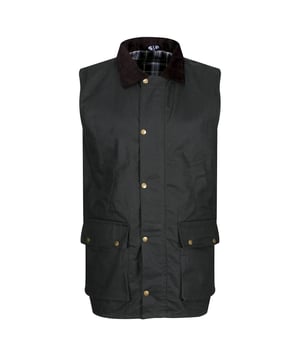 Material: 100% Cotton. Fabric: Coolweave, Wax Finish. Lining: Polyester, Taffeta. 783gsm. Design: Plain. Badge, Soft Touch, Tearaway Label. Fabric Technology: DWR Finish. Neckline: Collared. Sleeve-Type: Sleeveless. Pockets: 2 Welted Pockets, 2 Large Pockets with Flaps. Fastening: Popper, Stormflap, Zip.