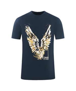 Cavalli Class Large Golden Eagle Logo Navy Blue T-Shirt. Stay stylish and confident with this Cavalli Class brand Logo Navy T-Shirt. Featuring a fierce Eagle logo, this comfortable top will show off your unique sense of style and leave an unforgettable impression!. Crew Neck, Short Sleeves. 100% Cotton. Regular Fit, Fits True To Size. Style Code: RXT60G JD060 04926