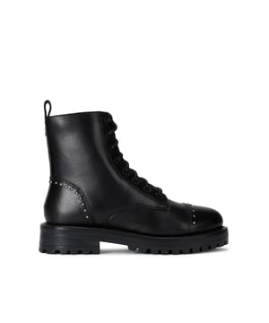 This Kurt Geiger Stud Lace Up boot is a combat style boot in black leather. There are antiqued silver studs across the heel and toe as well as a KGL stud at the back of the ankle.