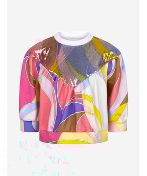 Introducing the 'Girls Sweat Top' in regal purple from luxury designer, Emilio Pucci. This is more than an item, it's an indispensable wardrobe update. Its salient features are: Authentically Made in Italy: Pucci is renowned for unmatched quality ‚Äì expect durability and prolonged wear. Striking Pucci Print: This quintessential Pucci design brings fun and elegant style into your girl's wardrobe.  Supreme Comfort: Superior material choice ensures utmost comfort for everyday wear. Essential Wardrobe Update: This high-end sweat top is the perfect addition to your girl's clothing collection.Stand out, be bold - Choose Emilio Pucci's Girls Sweat Top in purple.