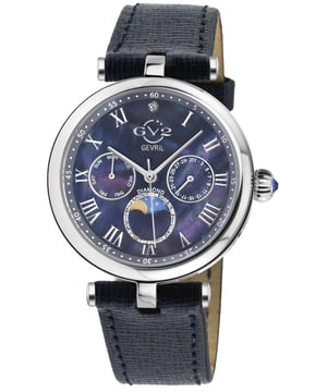 GV2 12512.L Reloj de cuarzo suizo Florence Diamond para mujer Reloj de cuarzo suizo GV2 para mujer de la colección Florence Caja redonda de acero inoxidable 316L de 36 mm con números romanos, diamante a las doce en punto Esfera azul MOP, subesferas de día y fecha Push Pull Corona estriada con azul Piedra cabujón Correa de cuero azul italiano genuino con hebilla de espiga Cristal de zafiro antirreflectante Resistente al agua hasta 50 metros/5 ATM Fase lunar Movimiento de cuarzo suizo Ronda 706.1