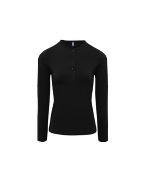 Tee met lange mouwen. Voorzien van rolmogelijkheden met knoopsluiting aan de binnenzijde van de mouw om deze vast te zetten. Ronde hals stijl met een drie knoopsluiting. Tweelingnaaldstiksel aan de zoom en de manchet. Wasvoorschriften: machinewasbaar op 40 graden.