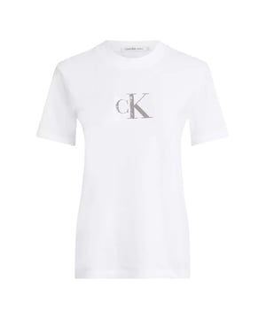 T-Shirt Calvin Klein Monogramm Damen Weiß Baumwolle. Authentisches Kleidungsstück der Marke Calvin Klein - Streetwear/Sportswear-Design von Calvin Klein - Calvin Klein für Damen, modisch und perfekt für den Alltag - Das weiße T-Shirt von Calvin Klein lässt sich perfekt mit Ihrem restlichen Kleiderschrank kombinieren - bequeme Baumwollqualität - klassisch - Monogramm -