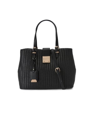 The Carvela Midi Mandy bag is a black woven tote bag with gold trims. There is a branded luggage tag on the front with gold tones branded plate. Dimensions: 27cm (H), 37cm (D) , 16.5cm (L). Strap length: 118cm. Strap drop: 47cm.