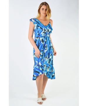 In a lightweight chiffon fabric lined in contrasting turquoise jersey  Sizing: as expected