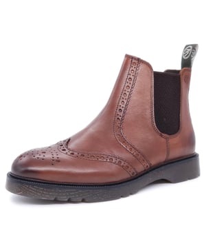 Mens Frank James Brogue Leather Upper Dealer Boots. These Brogue chealsea boots are a durable yet fashionable pair that are fit for all occasions - smart or casual.  With a cushioned sole these boots are also a comfortable and hard wearing fit.  Available in Black, Bordo Brown or Tan in UK 6-12