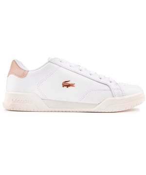 Lacoste's Twin Serve Women's Court Trainer Is A Fashion Icon Tennis Court Inspired With Retro Appeal. This White Pair Features A Rose Gold Metal Croc Logo, Fine Stitching, Heel Detail, Blind Eyelets And A Padded Ortholite Insole For Extra Comfort. A Lovely, Fresh Addition To Your All-season Wardrobe.
