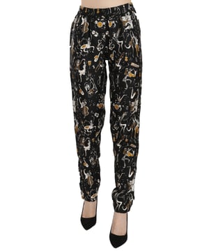 Pantalones tapered de cintura alta para mujer  
Hechos de 100% seda  
Impresión de club de jazz negro  
Detalles del logo  
Nuevo con etiquetas  
Hecho en Italia  
Material: 100% Seda