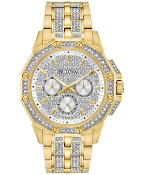 This Bulova Crystal Octava Multi Dial Watch for Men is the perfect timepiece to wear or to gift. It's Gold 41 mm Round case combined with the comfortable Gold Stainless steel watch band will ensure you enjoy this stunning timepiece without any compromise. Operated by a high quality Quartz movement and water resistant to 3 bars, your watch will keep ticking. This high quality watch is embellished with 308 crystals on the bezel -The watch has a calendar function: Day-Date, 24-hour Display, Luminous Hands High quality 21 cm length and 21 mm width Gold Stainless steel strap with a Deployment clasp Case diameter: 41 mm,case thickness: 11 mm, case colour: Gold and dial colour: Silver