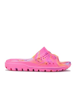 Junior Girls Skechers Hogan Splash Slides in pink.<BR>- Synthetic upper.<BR>- Slip on fastening.<BR> Lightweight.<BR>- Open Toe.<BR>- Cushioned contoured comfort smooth interior for comfort.<BR>- Water friendly manmade uppers with logo accent.<BR>- Slide on style for an easy on and off.<BR>- Textile and synthetic upper  Textile and synthetic lining  Synthetic sole.<BR>- Ref: 86781LHPMT