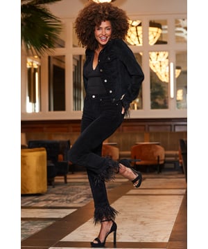 REASONS TO BUY:

Jeans don't get dreamier
Crafted from sumptuous velvet denim
Fun feather hems
Chic straight leg style
Style with a cami and blazer for relaxed glamour
Complete the look with heels and a box clutch

Inside leg to fit: Short 29" | Regular 31" | Long 33"