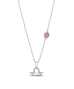 The Zodiac Libra Birthstone Necklace Pink Tourmaline Silver presents the scales' constellation in cubic zirconia, elegantly leading to a lab-created Pink Tourmaline which is set along the 40-45cm chain. This piece, set in 925 sterling silver, mirrors Libra's pursuit of balance and harmony, with Pink Tourmaline fostering compassion and gentleness, aligning with Libra's diplomatic nature in the stars.If you celebrate a birthday between Sep 23 - Oct 22, find harmony with this zodiac necklace. This balanced piece celebrates Libra's love for beauty and equilibrium, making it an ideal accessory for those who seek serenity.