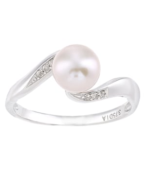 9K (375) witgoud: 1,85 gram; # Diamant: 0,04 ct; # Gekweekte parel: 2,57 ct