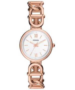 This Fossil Carlie Analogue Watch for Women is the perfect timepiece to wear or to gift. It's Rose Gold 30 mm Round case combined with the comfortable Rose Gold Stainless steel watch band will ensure you enjoy this stunning timepiece without any compromise. Operated by a high quality Quartz movement and water resistant to 5 bars, your watch will keep ticking. Classic and charming watch perfect for every women who likes to be the centre of attention  High quality 19 cm length, 16 mm wide, Rose Gold Stainless steel Strap with a Folding Clasp Case diameter: 30 mm, Case height: 7 mm and Case color: Rose Gold Dial color: White