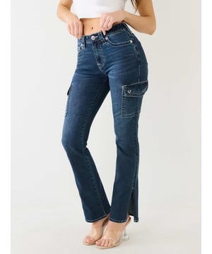 Elevate your wardrobe with the Denim Slit Hem Cargo Jean. This pair of women’s slim-fit jeans features a mid-rise waist, whiskering, zip fly, and side cargo flap pockets. Finished with a slit hem and horseshoe detailing on the back pockets.
