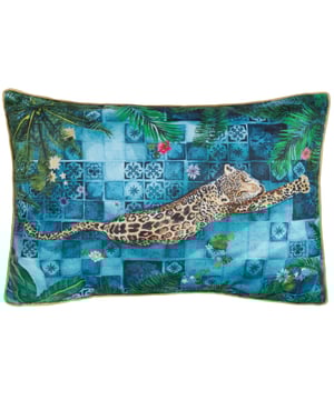 Elevate your outdoor space with the Majorelle Leopard Moroccan Piped Outdoor Cushion, a masterpiece of luxury and detail. This cushion features a hand-painted design capturing a majestic leopard gliding through the serene waters of a Moroccan Riad, framed by intricate tiles and lush palms. The soft-touch material, specially treated for outdoor durability, promises both style and resilience. Matching piping adds a refined finish, ensuring every detail is considered. Ideal for those who cherish artisanal craftsmanship and seek elegance in their surroundings, this cushion transforms any setting into an oasis of calm and sophistication.