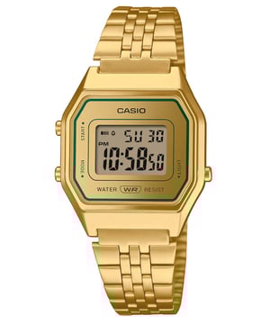 This Casio Casio Collection Vintage Digital Watch for Women is the perfect timepiece to wear or to gift. It's Gold  Square case combined with the comfortable Gold Stainless steel watch band will ensure you enjoy this stunning timepiece without any compromise. Operated by a high quality Quartz movement and water resistant to 3 bars, your watch will keep ticking. Vintage fashion meets modern functionality, delivering retro styling with up-to-date features. This Digital watch has a calendar function: Day-Date as well as a Stop Watch , Alarm and Light High quality 19 cm length and 16 mm width Gold Stainless steel strap with a Folding Clasp Case measurement: 28 X 28 mm,case thickness: 8 mm, case colour: Gold and dial colour: Gold