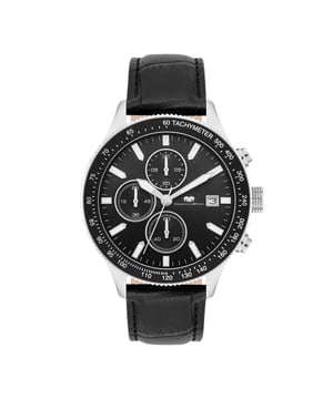 GENERAL INFORMATION:  • Targetgroup: Male  • Wristwatch: Chronograph  • Display: analogue  • Weight of watch w/o box (gr.) - approx.: 77,0  • model series: Karthago II  MOVEMENT:  • Movement: Quartz  • Term of Movement: VD57  • Origin of movement: Japan  BRACELET:  • Material of bracelet/strap: Genuine leather  • Plating of bracelet/strap: None  • Finishing of bracelet/strap: Embossed  • Finishing/Decoration of bracelet/strap: Seam  • Clasp/Closure/Buckle: Buckle  • Color of bracelet/strap: Black  • Length of bracelet/strap (mm) approx.: 210,0  • Width of bracelet/strap (mm) approx.: 19,8  • Style/Design of bracelet/strap: Crocodile (embossed)  • Bracelet/strap adjustable?: No  CASE:  • Shape of case: Round  • Size/Diameter of case in mm . approx.: 43  • Height of case in mm: 12,0  • Case material: Stainless steel  • Surface of case: Polished  • Bezel/Topring: Turnable  • Finishing/Decoration of case: Grooved  • Material of case back: Stainless steel  • Lock of case back: Screwed  • Color of case: Silver  • Coating/Plating (Case): None  • Type/Form of crystal: Flat  • Material of crystal: Mineral crystal  • Water resistant (ATM): 10  DIAL:  • Size jewelry care cloth: Date/Hour/Minute/Second/Stopwatch  • Indices: Line indices  • Material of dial: Brass  • Structure/pattern of dial: Multi-layer  • Color of dial: Black  PUSHER, CROWN, HAND:  • Pusher: No screwed-in crown  • Corrector: Yes  • Crown: No screwed-in crown  • Type of hands: Arrow hand  • Luminescent (hands): Yes  PACKAGING & SCOPE OF DELIVERY:  • Box: Yes  • Service booklet: Yes  • Manual: Yes