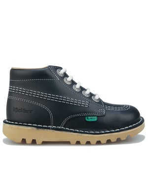 Children Boys Kickers Kick Hi Core Boots in navy - white - natural.- Durable leather uppers.- Lace closure.- Classic triple stitch detail.- Padded collar.- Comfortable leather lining and leather-lined sockliner.- Iconic Kickers fleurette and tabs.- Kickers branding at tongue and side heel.- Durable rubber outsole.- Leather upper  Leather lining  Rubber sole.- Ref: 1-KF0000408NDA