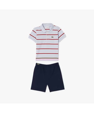 4J7443 Baby Lacoste Organic Cotton Stripe Set Elasticated waistband Striped polo shirt Organic cotton mini piqué fabric Green embroidered crocodile Storage pouch Baby Lacoste Organic Cotton Stripe Set Elasticated waistband Striped polo shirt Organic cotton mini piqué fabric Green embroidered crocodile Storage pouch