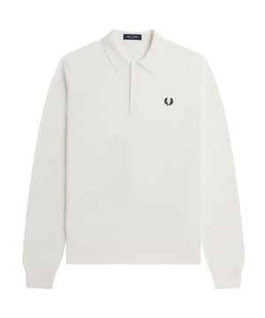 Fred Perry White Polo Shirt, Plain Polo Shirt, Button Closure At The Neck, Branded Logo On Left Chest. Classic Knitted Long Sleeve Polo Shirt, Knitted Shirt, 52% Wool. 48% Cotton, Long Sleeve, White Polo