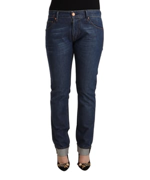Brand: ACHT
  Material: Cotton
  Color: Dark Blue washed
  Fit: Skinny
  Closure: Zipper and button
  Waist: Mid waist
  Style: Denim
  Details: Logo embellishments
Material: Cotton