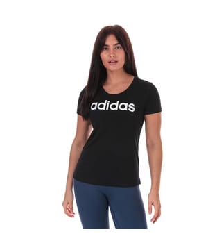 Womens adidas Brush Effect Logo Graphic T-Shirt in black - white.- Ribbed crew neck.- Short sleeves.- Brush-stroke inspired adidas linear logo printed to chest.- Side split hems.- Tonal back neck tape.- Slim fit.- Measurement from shoulder to hem: 23“ approximately.  - Main material: 100% Cotton.  Machine washable.- Ref: EI4569Measurements are intended for guidance only.