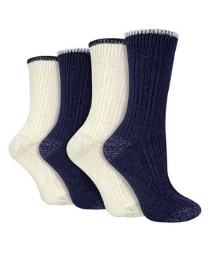 These ladies’ Wildfeet Cashmere Socks are the socks of luxury and comfort. Made from a blend of natural wool, viscose, and cashmere, they are designed to provide warmth and cosiness throughout the day, whether you're running errands or relaxing at home. These socks offer the perfect balance of luxury and practicality with a blend of wool, viscose, and cashmere. The soft and comfortable material provides warmth and insulation to keep your feet cosy in the cold weather while also being breathable and moisture-wicking. The combination of fibres makes these socks more durable, ensuring long-lasting wear, while the ribbed leg enhances comfort. The crew length and medium gauge thickness make them a good choice for any leisure shoes or boots, adding a touch of comfort to any outfit. These 4 pairs of Wildfeet Cashmere Socks come in 2 gift boxes and attractively wrapped with a satin ribbon bow, which makes them ideal for gifting to friends or family. Maybe even a last minute Christmas present or stocking fillers? Wild Feet is a range of socks featuring cool designs, bold colours and quirky catchphrases - from pugs and penguins, to lions and llamas! Choose from a range of styles for men and ladies, from dress to trainer socks. There are even some sporty styles available! There are 14 colours to choose from. They come in one size Ladies 4-8 UK, are made from 37% Wool, 27% Viscose, 24% Polyamide, 11% Cashmere, 1% Elastane and are machine washable.