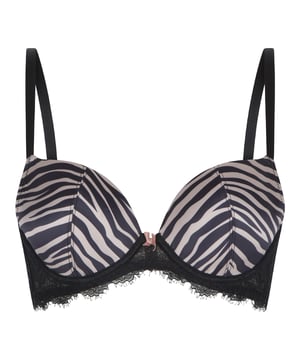 Gestreiftes Zebra Diese coole und zugleich feminine Mix & Match Lingerie-Serie darf in deinem Kleiderschrank nicht fehlen! Der Gel-BH aus satinierter Zebramuster ist mit schwarzer Spitze kombiniert.