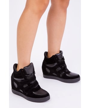 Women's sparkly hi top trainers featuring a lace up and front fastening strap.