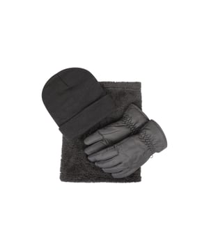 100% Polyester. Stof: Fleece, Gebreid, Zacht Aanrakend. Manchet: Verstelbare polsband. Inhoud: 1 muts, 1 halsbeschermer, handschoenen. Omkeerbaar. Waterbestendig.