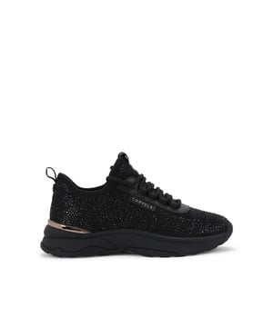 This Carvela Swift Jewel Runner trainer features a black fabric upper with black crystal embellishment. The front laces up with gold foil branding on the tongue and eyestay.