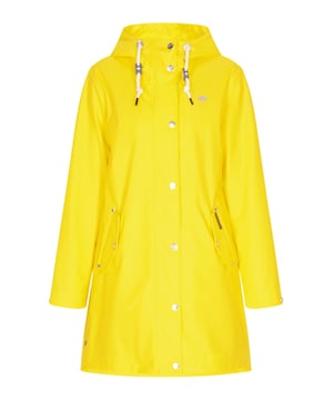 Wir stellen einen funktionellen, glatten Regenmantel mit normaler Passform und A-Linien-Silhouette vor. Diese Jacke mit Reißverschluss verfügt über eine Kapuze mit Kordelzug, Druckknöpfe und mehrere Taschen für Outdoor-Komfort. Jacke mit hohem Kragen für zusätzlichen Schutz. Es besteht aus 3000 mm dickem, wasserdichtem Stoff mit verschweißten Nähten und bietet Schutz bei Nässe. Perfekt, um trocken zu bleiben und elegant auszusehen  Regenmantel