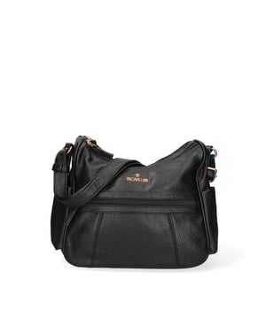 Bolso bandolera para mujer. El cierre es con cremallera. Los bolsillos internos son uno con cremallera y dos abiertos. Los bolsillos externos son uno frontal con cremallera, uno trasero con cremallera y dos laterales abiertos. La bandolera es ajustable en ecopiel. Falta el mango. Hay dos compartimentos internos. El material exterior es ecopiel. Internamente está forrado en poliéster. Medidas: 28x24x11 cm. Producto de moda